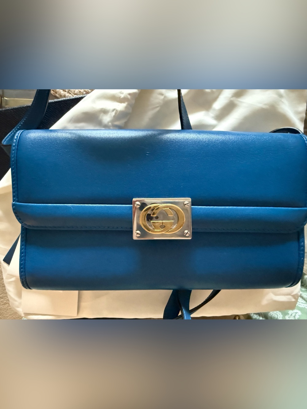 Gucci Blue Leather Shoulder Bag with 2 Tone Logo Lock - Color of the season